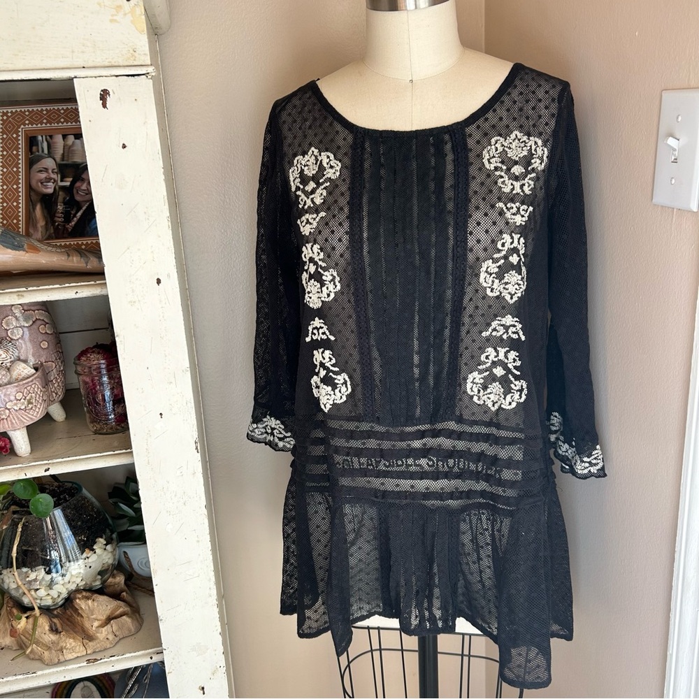 Free People Black Swiss Dot Blouse with Embroidery